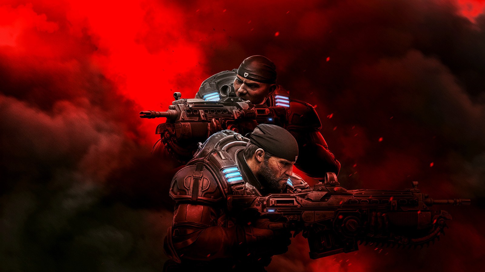 Gears of War heroes Marcus Fenix and Dom Santiago aim their rifles through red smoke
