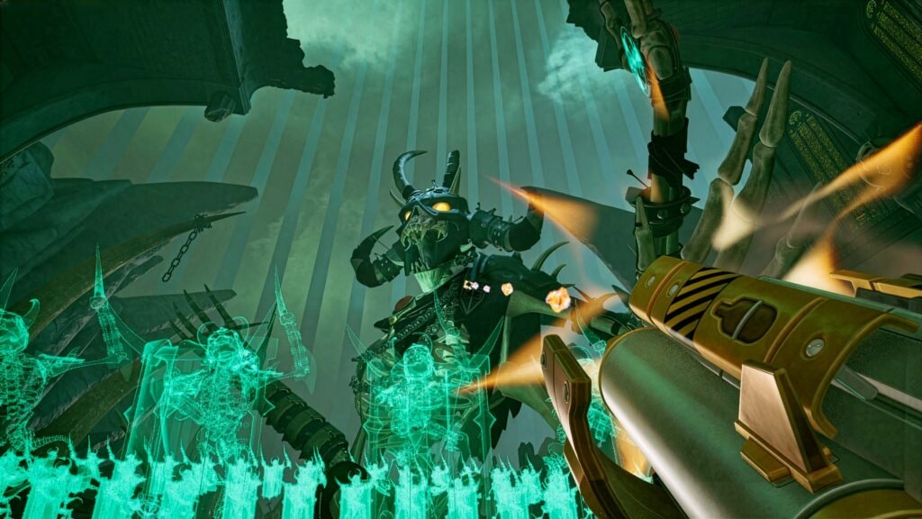 An armored Serious Sam: Shatterverse enemy comes under fire during combat