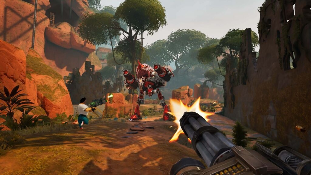 Two Serious Sam: Shatterverse characters fire at a mechanical enemy in a jungle arena
