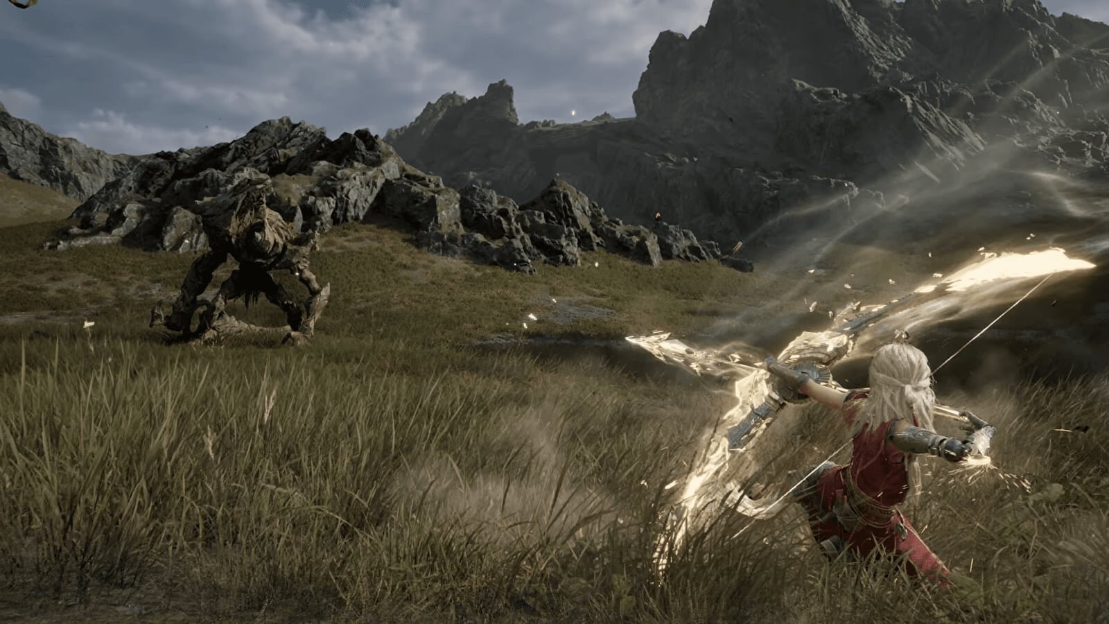 A Weaver fires a glowing bow at a creature in Nodusfall's mountains