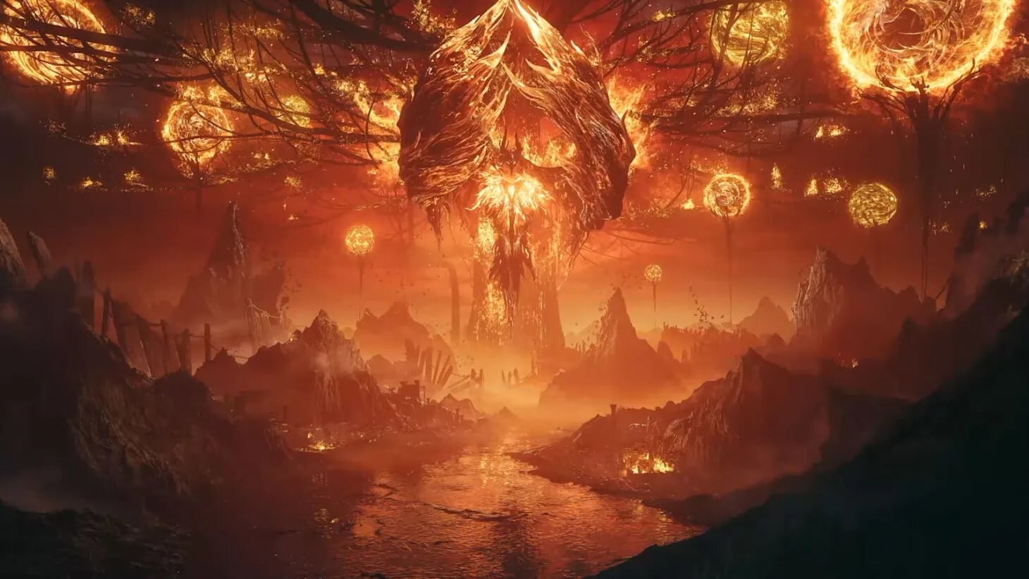 A burning Nodusfall landscape dominated by a towering figure of fire