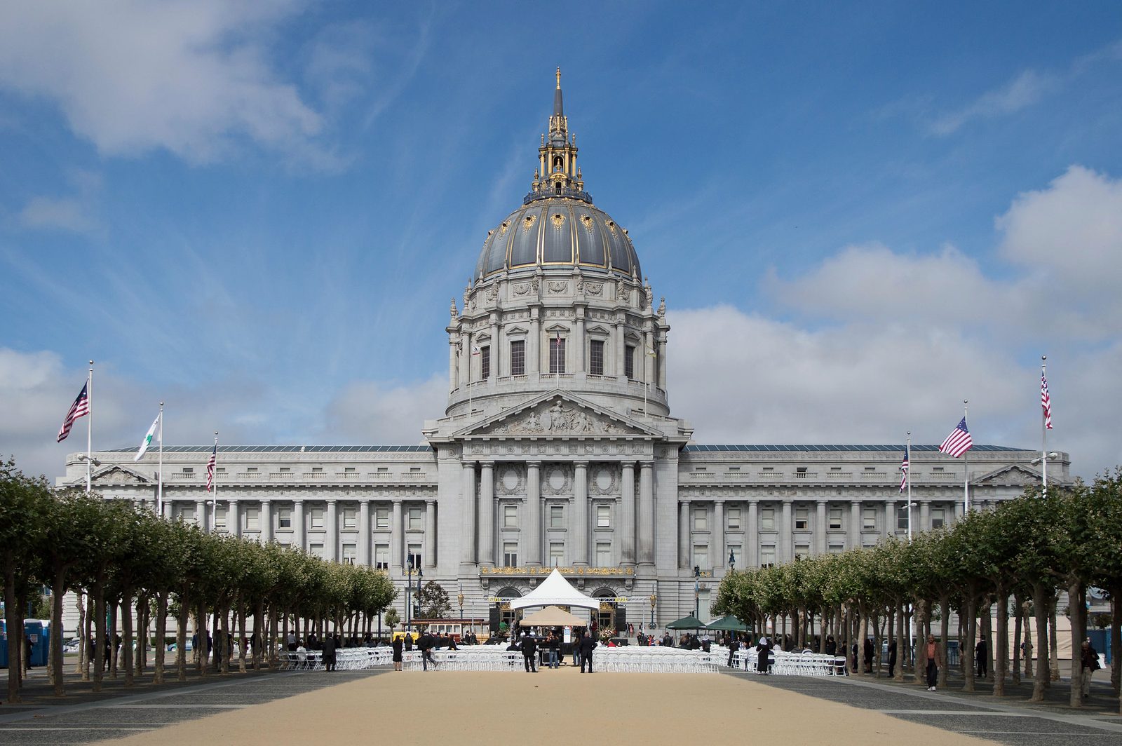San Francisco City Hall façade and dome seen from Civic Center Plaza