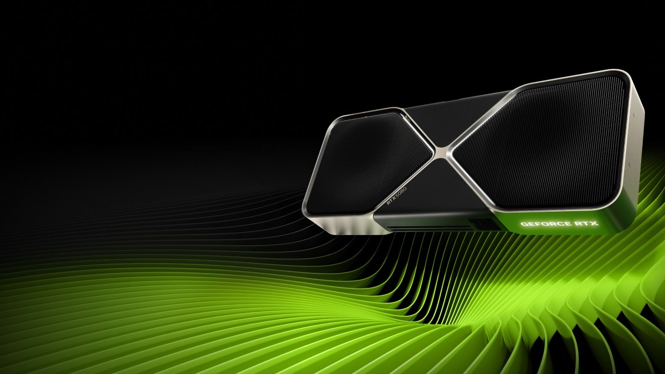 Tarjeta gráfica GeForce RTX 5080 Founders Edition sobre un fondo negro con ondas de luz verde
