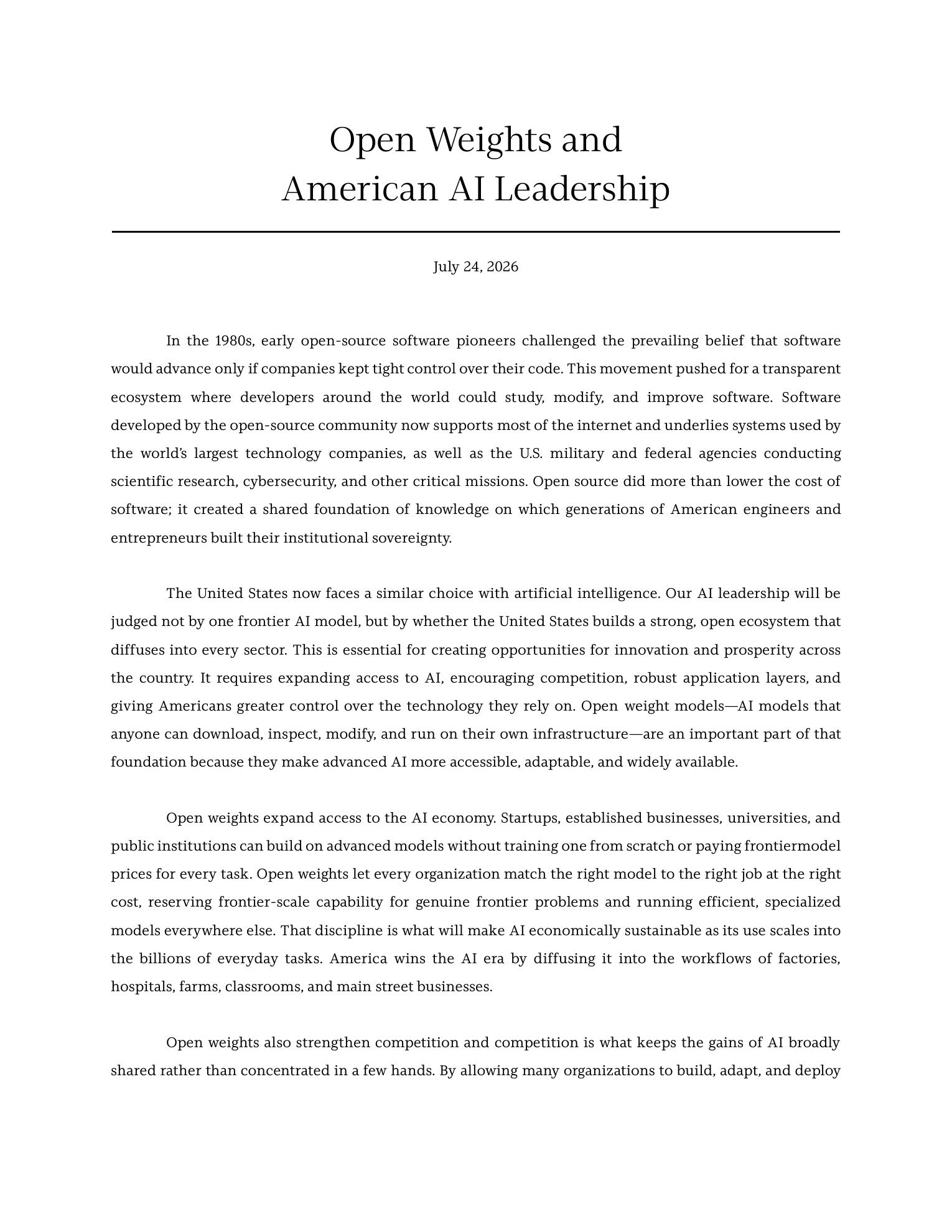 First page of the Open Weights and American AI Leadership letter