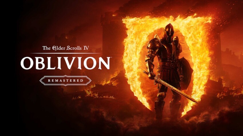 The Elder Scrolls IV: Oblivion Remastered key art with a knight before a flaming Oblivion gate