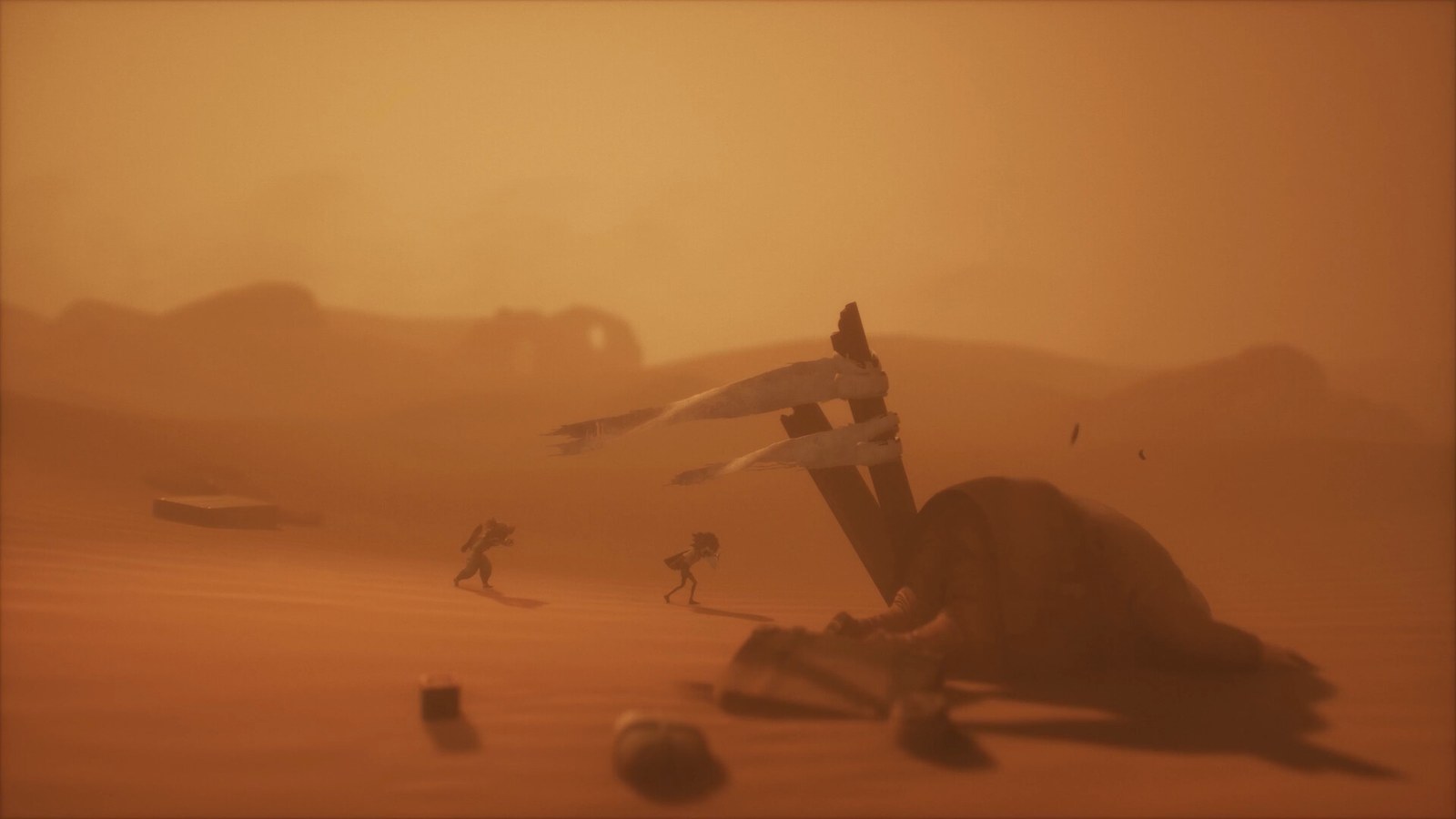 Una figura diminuta ante un paisaje anaranjado envuelto en polvo en Little Nightmares III