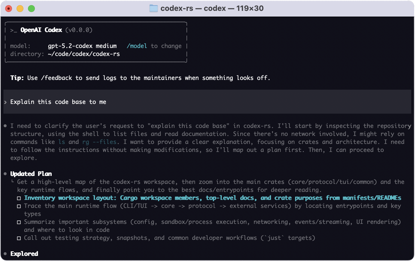 Codex CLI, el agente de programación de OpenAI, funcionando en el terminal de un Mac
