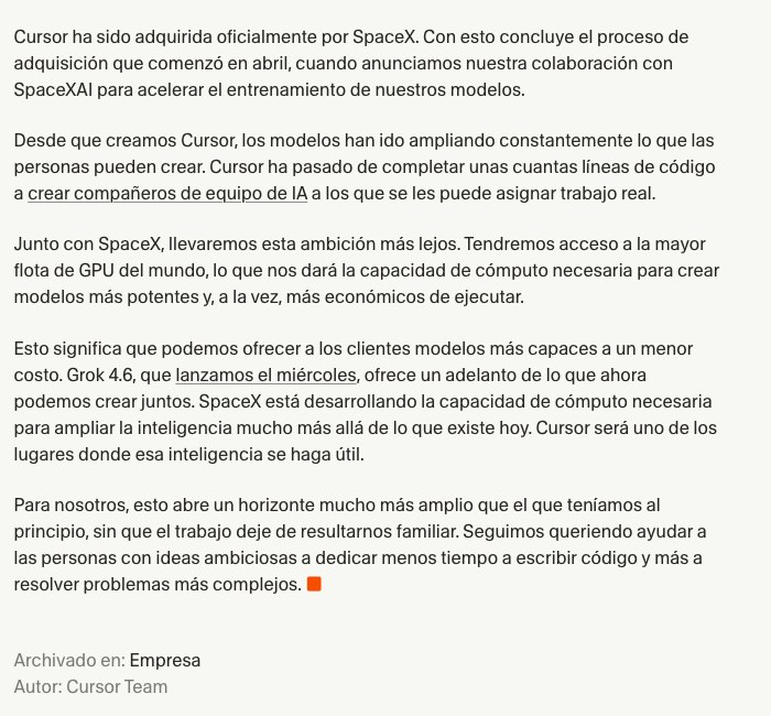 Cursor announcement confirming its acquisition by SpaceX