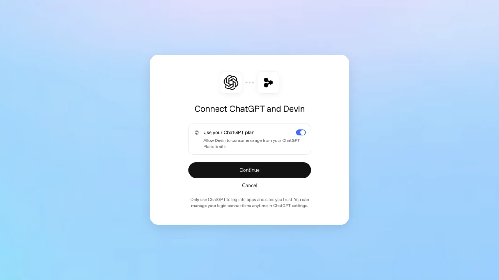 Official screen for connecting a ChatGPT account to Devin