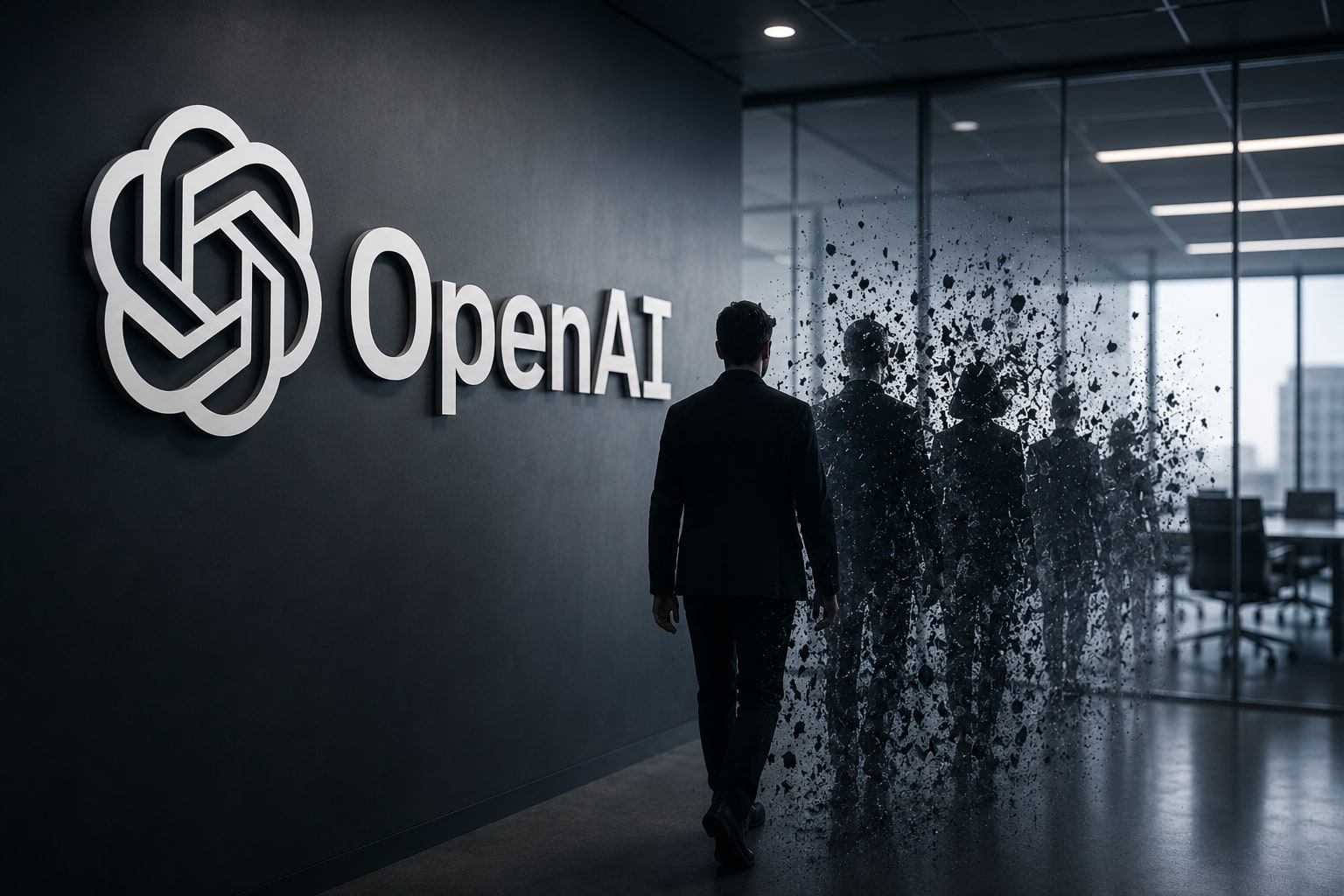 A figure dissolves while leaving an office dominated by the OpenAI logo