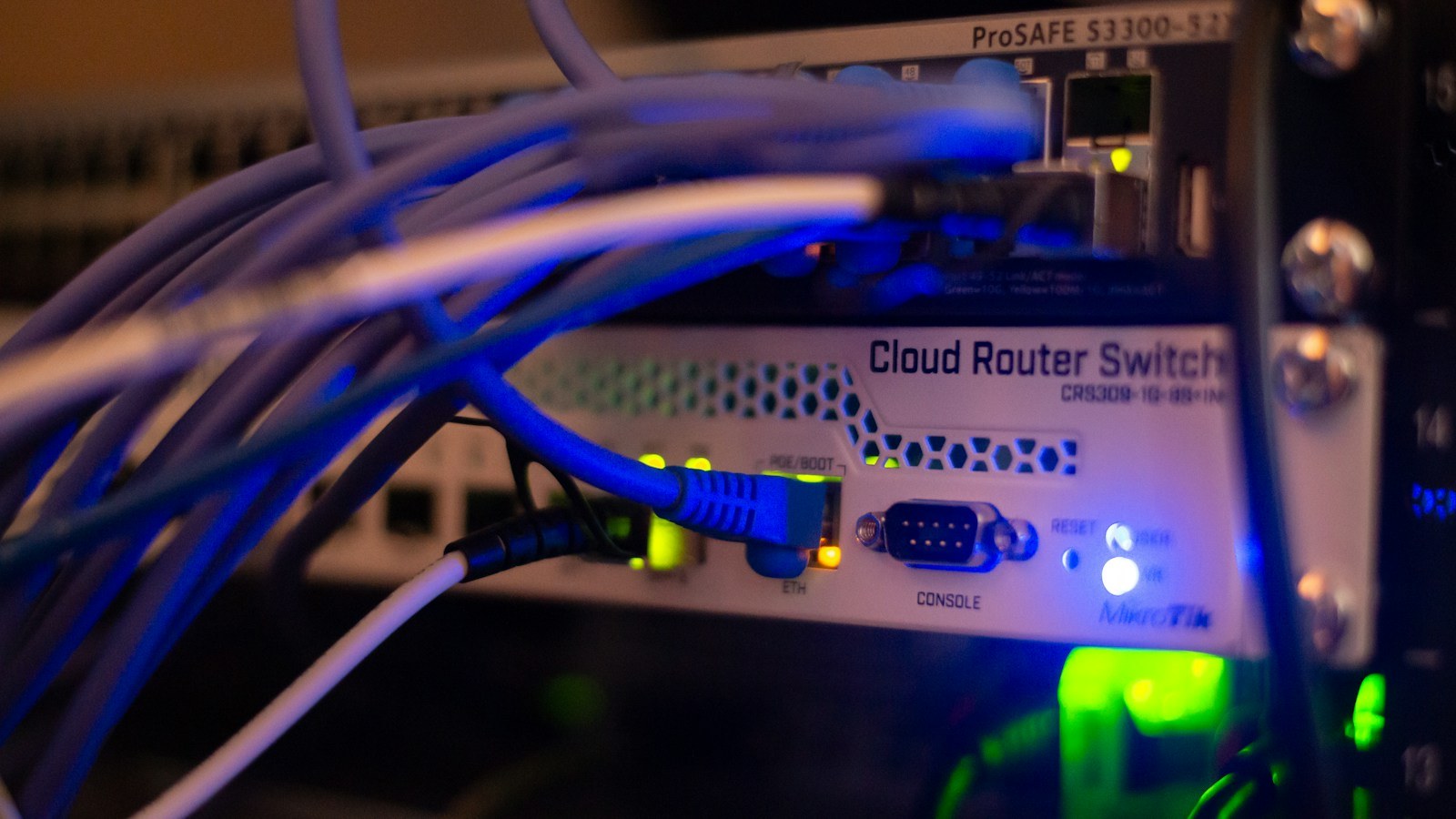 Ethernet cables connected to network equipment