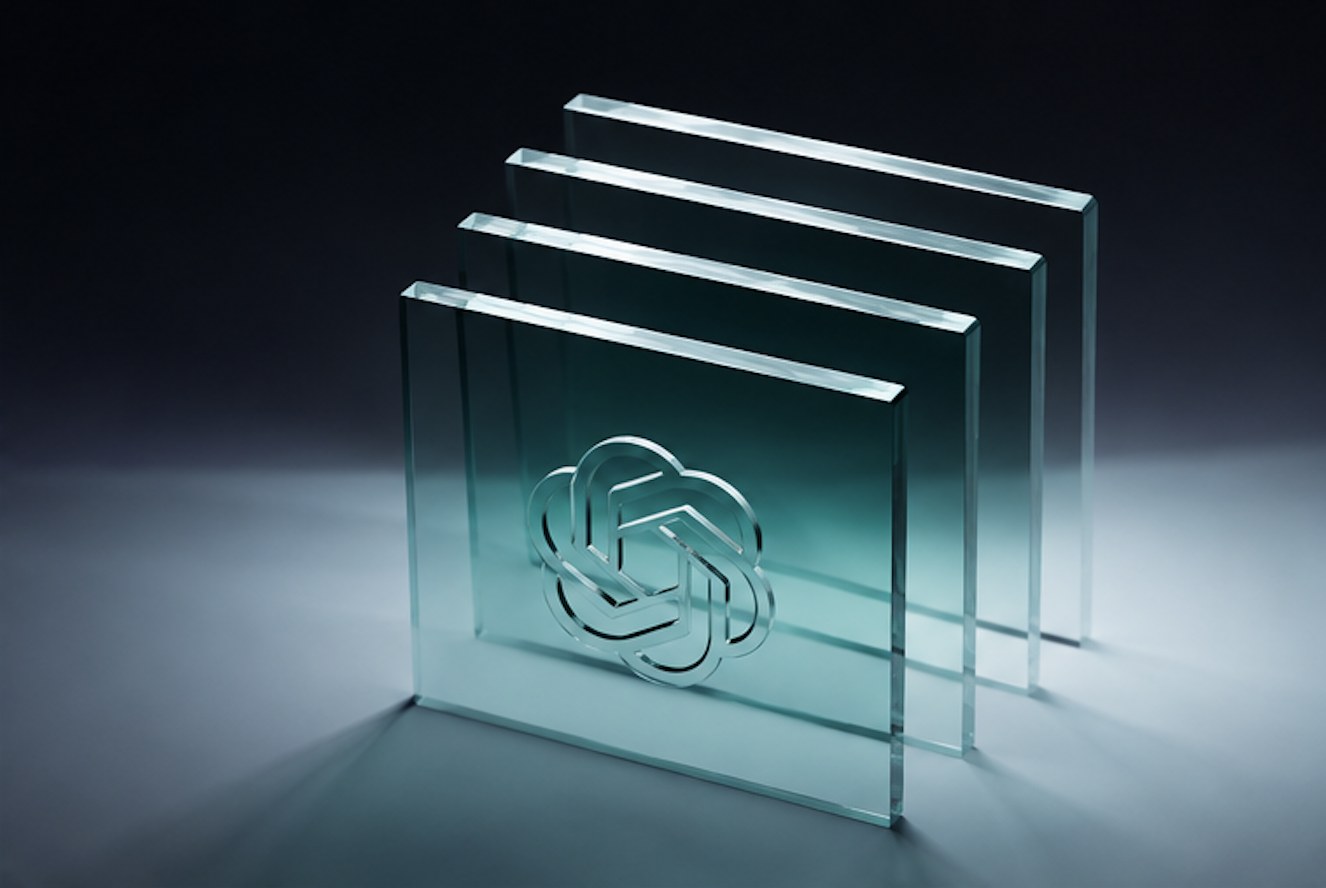 A lone figure looks up at a giant monolith bearing the OpenAI logo