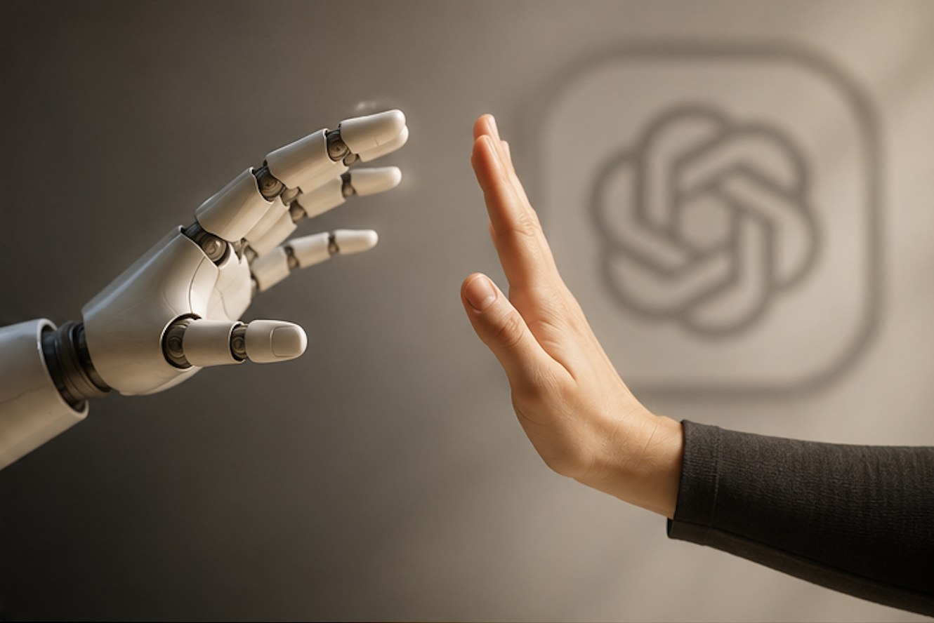 A human hand stops a robotic hand in front of the OpenAI logo