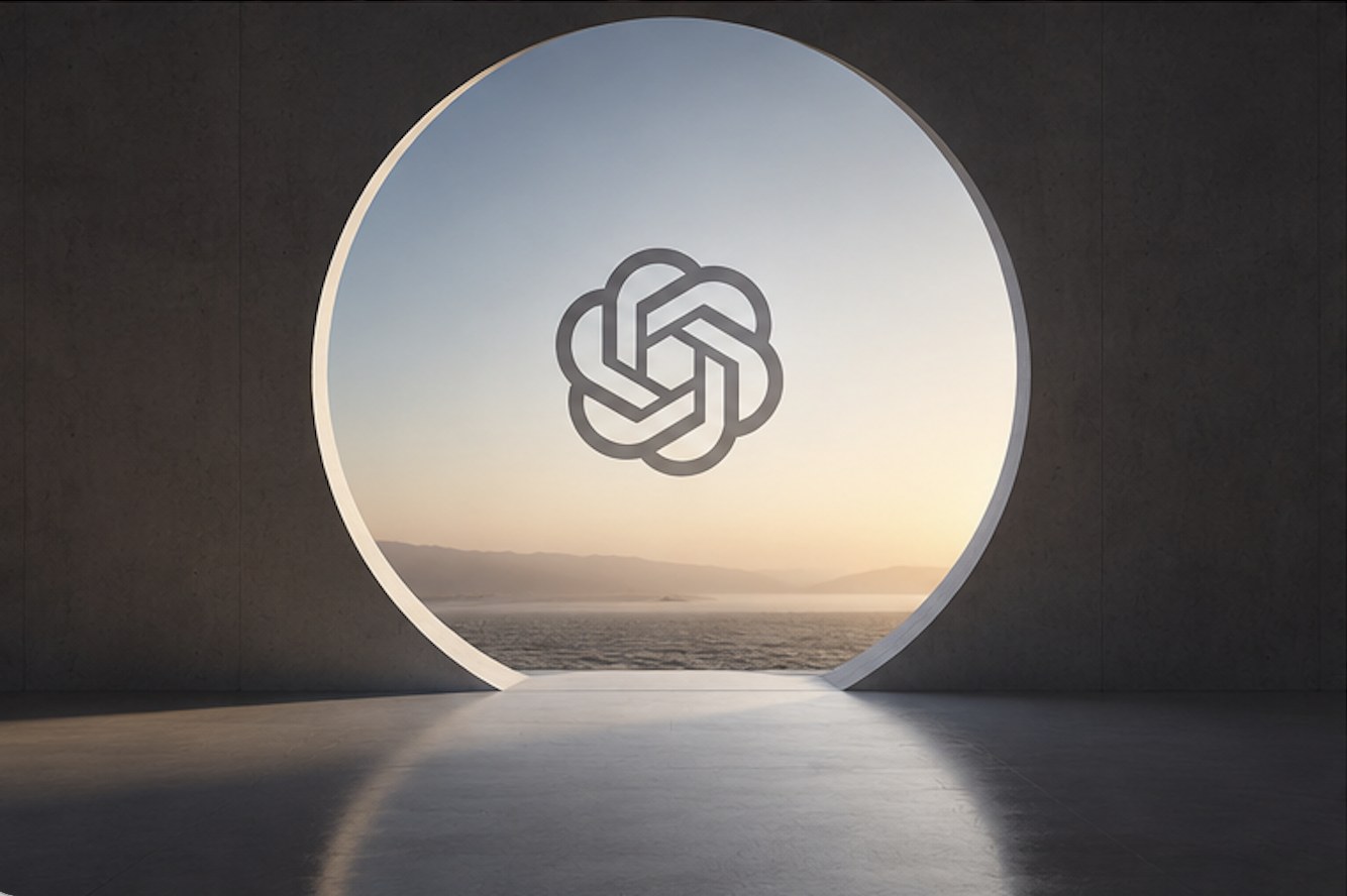A circular doorway bearing the OpenAI logo opens onto a landscape at dawn