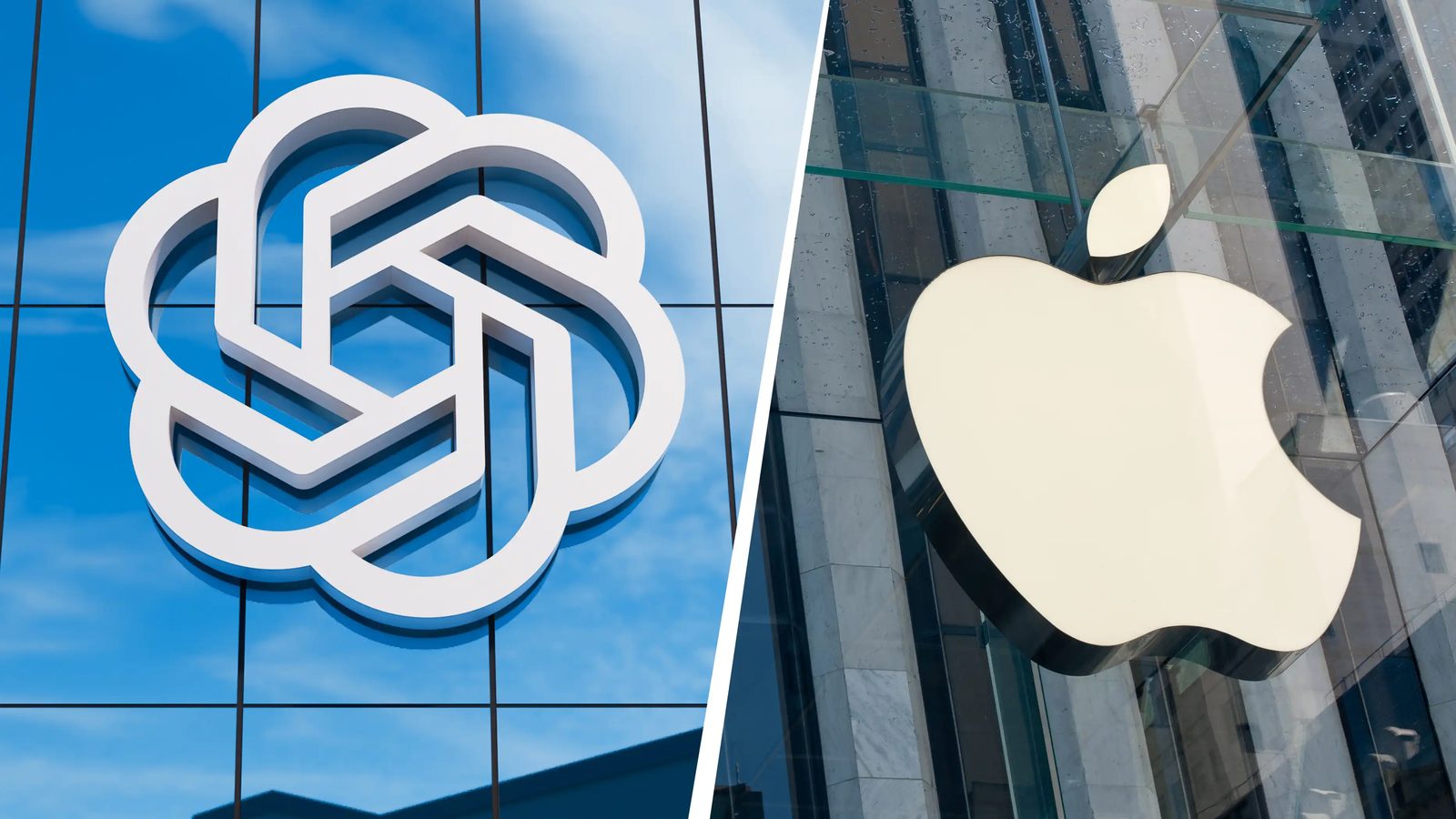 The OpenAI and Apple logos facing off on a dark background
