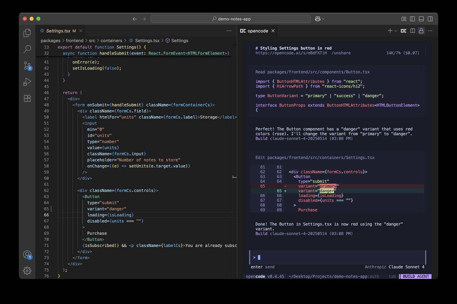 OpenCode inside a code editor, with the project on the left and the agent on the right changing a button's color and showing what the session cost