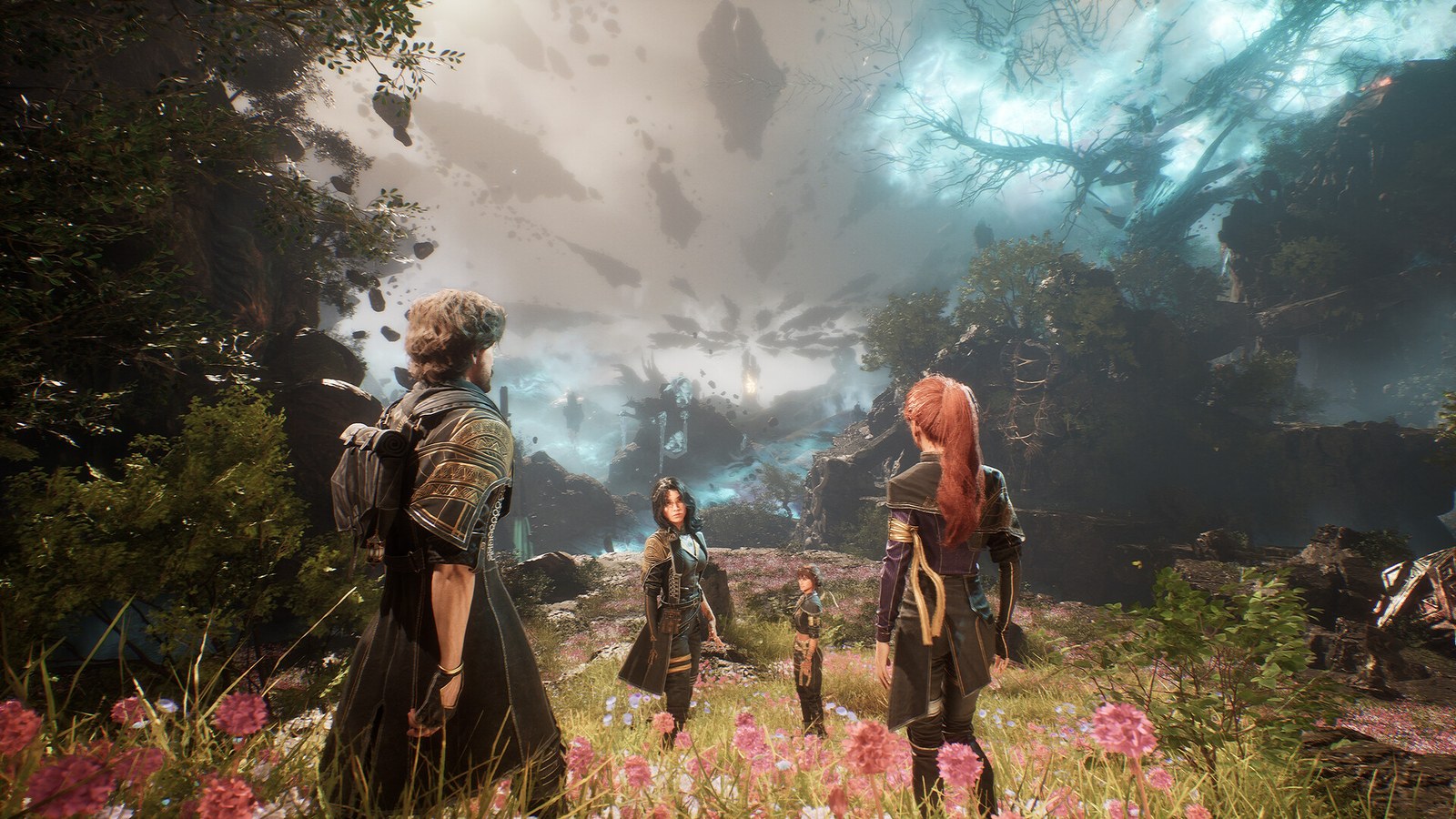 Tres miembros de la expedición de Clair Obscur: Expedition 33 en un campo de flores bajo un cielo de nubes rotas