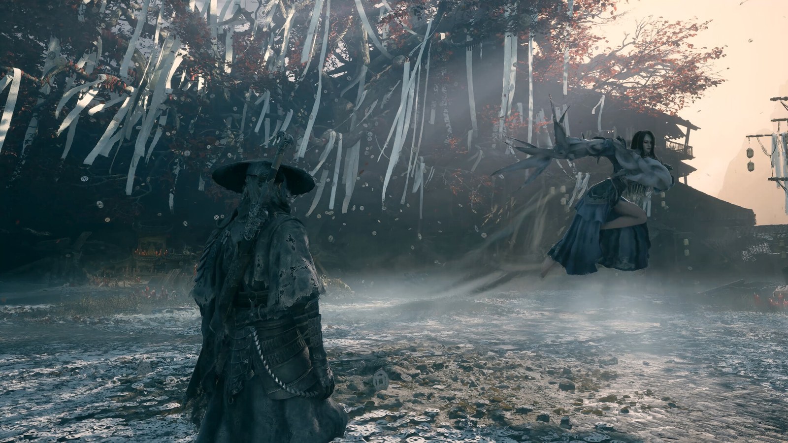 A swordsman in a straw hat waits in the rain as an enemy leaps toward him in Phantom Blade Zero