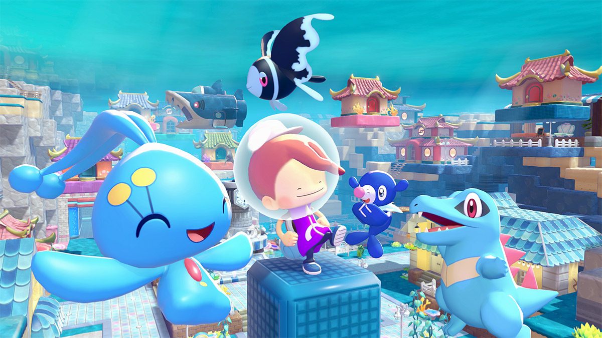 Arte oficial de Cuenca Coralina, la Parte 1 del pase de expansión de Pokémon Pokopia, con Manaphy y un pueblo sumergido