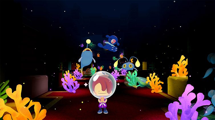 Zona de mar profundo de Cuenca Coralina iluminada con coral bioluminiscente en Pokémon Pokopia