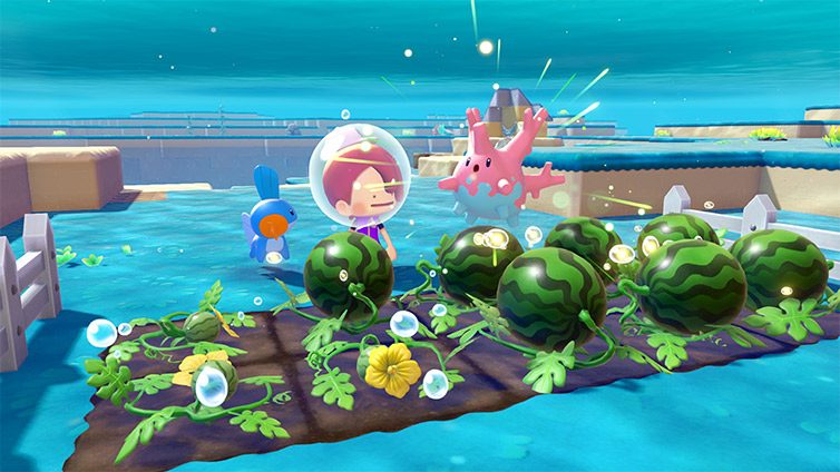 Cultivo de sandías junto a un Corsola en el fondo marino de Pokémon Pokopia