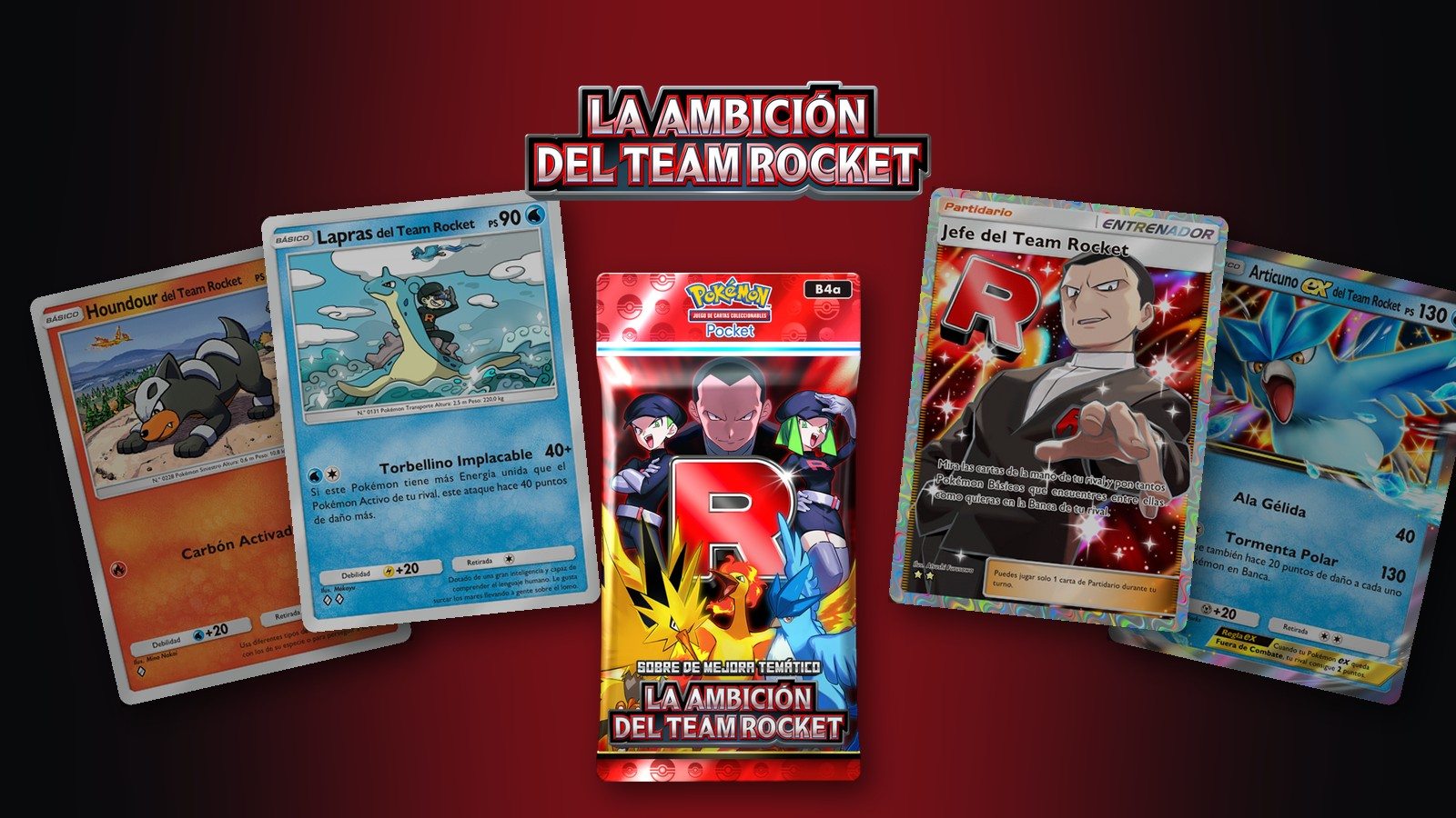Sobre de mejora temático B4a La Ambición del Team Rocket de JCC Pokémon Pocket, con las cartas de Houndour, Lapras, el Jefe y Articuno ex abiertas en abanico