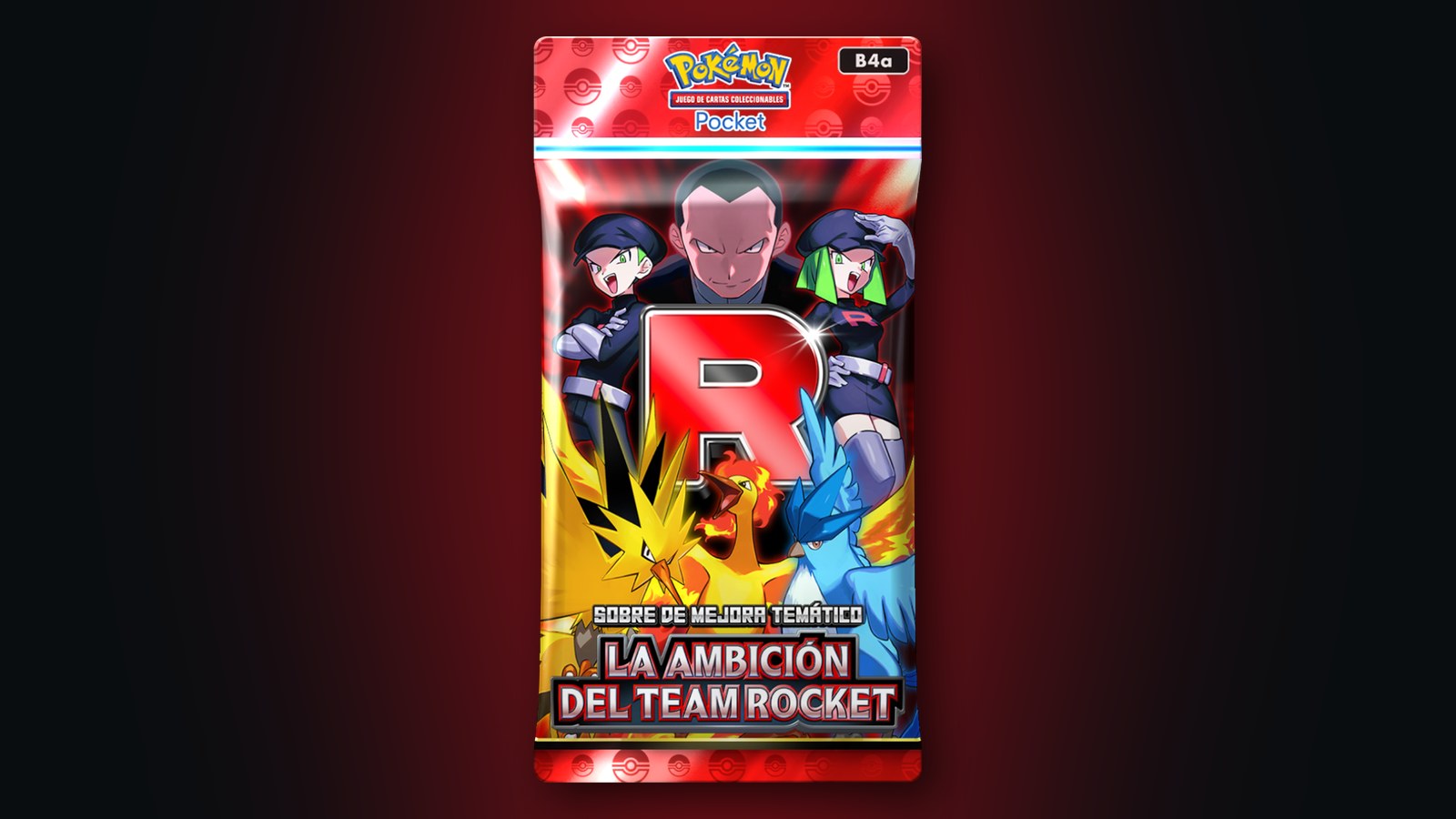 Art for the Team Rocket's Ambition themed booster pack, with Giovanni, two Grunts and Zapdos, Moltres and Articuno