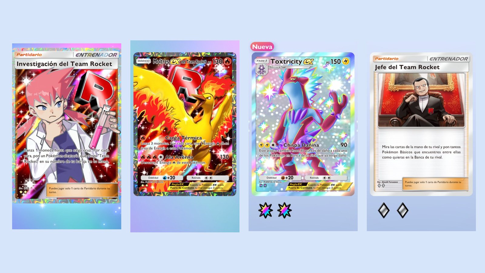 Investigación del Team Rocket, Moltres ex, Toxtricity ex y Jefe del Team Rocket