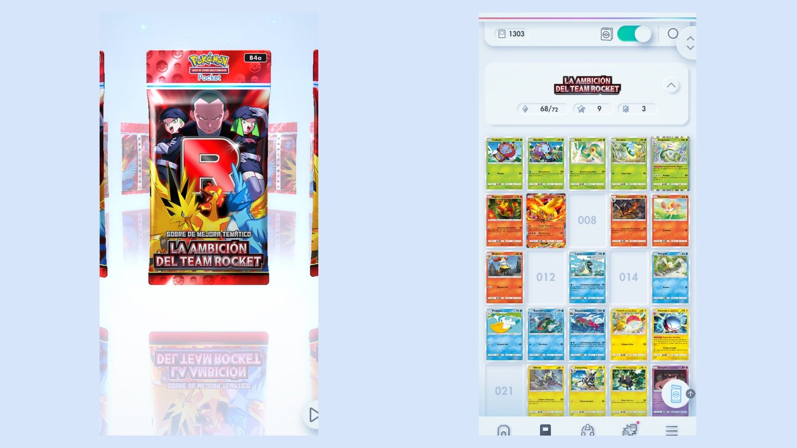 Un sobre de La Ambición del Team Rocket junto al álbum que marca 68 de 72 cartas numeradas