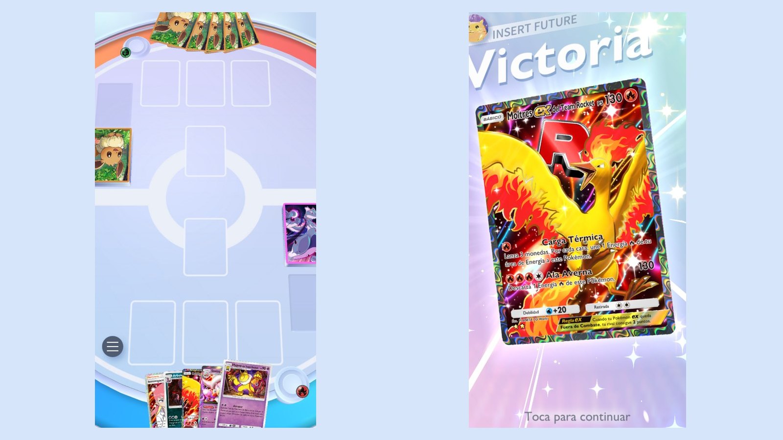 Una partida de Pokémon TCG Pocket junto a la victoria conseguida con Moltres ex
