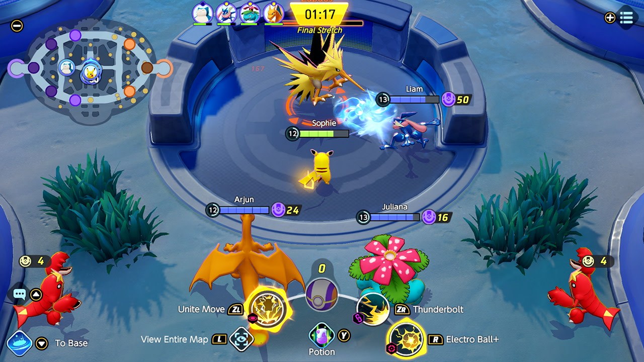 Pikachu, Charizard and Venusaur fight Zapdos in the middle of the map during the final minute of a Pokémon UNITE match