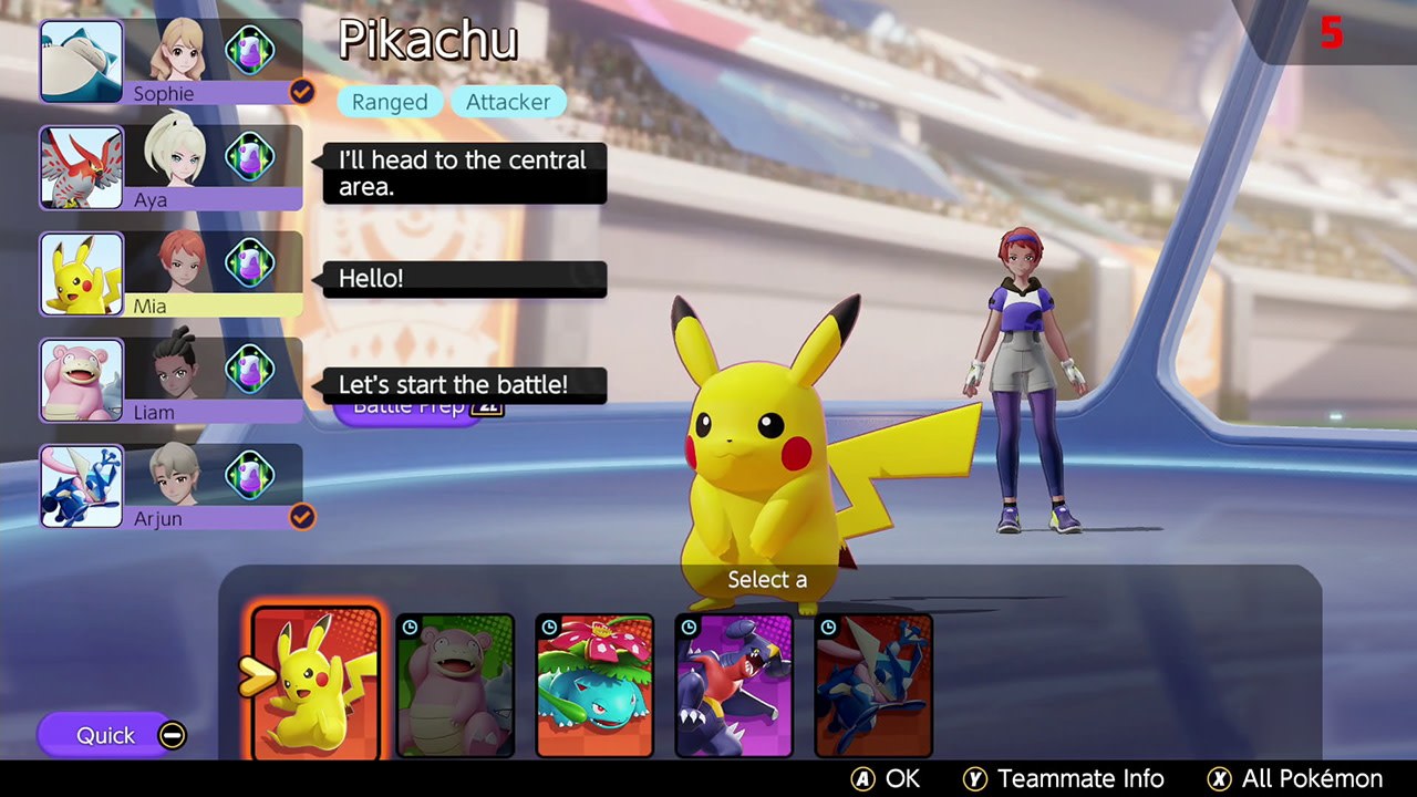 Pokémon UNITE selection screen with Pikachu picked next to a Trainer and chat messages from the rest of the team