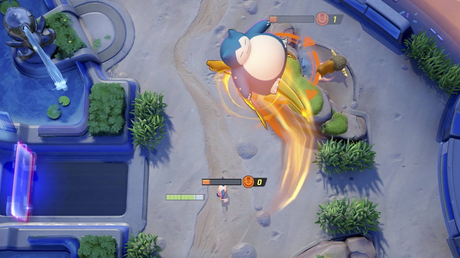 Snorlax crashes down in a trail of fire onto an opponent on a sandy path of a Pokémon UNITE map