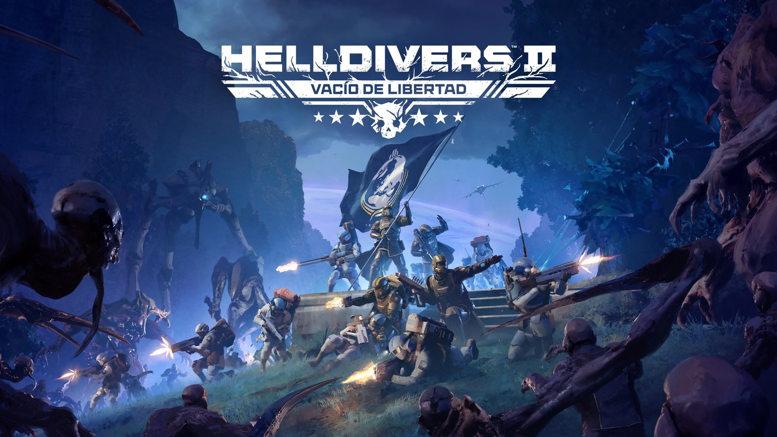 Key art for Helldivers 2's new Void of Liberty expansion, with soldiers planting a flag