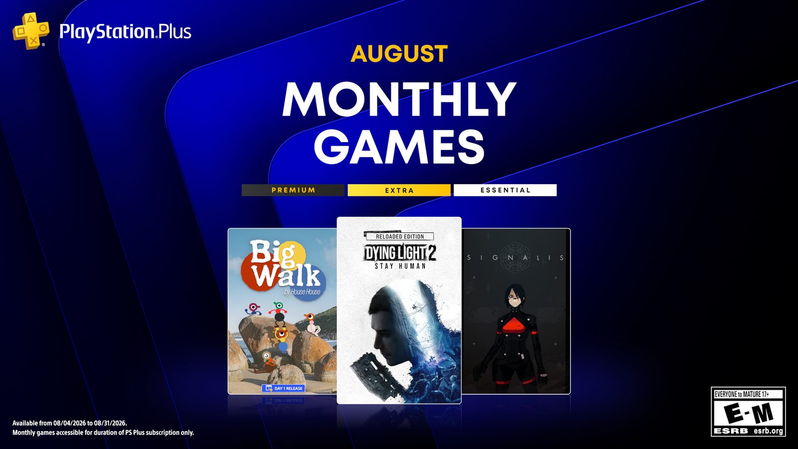Arte oficial de los juegos de PS Plus de agosto de 2026 con Dying Light 2, Big Walk y Signalis
