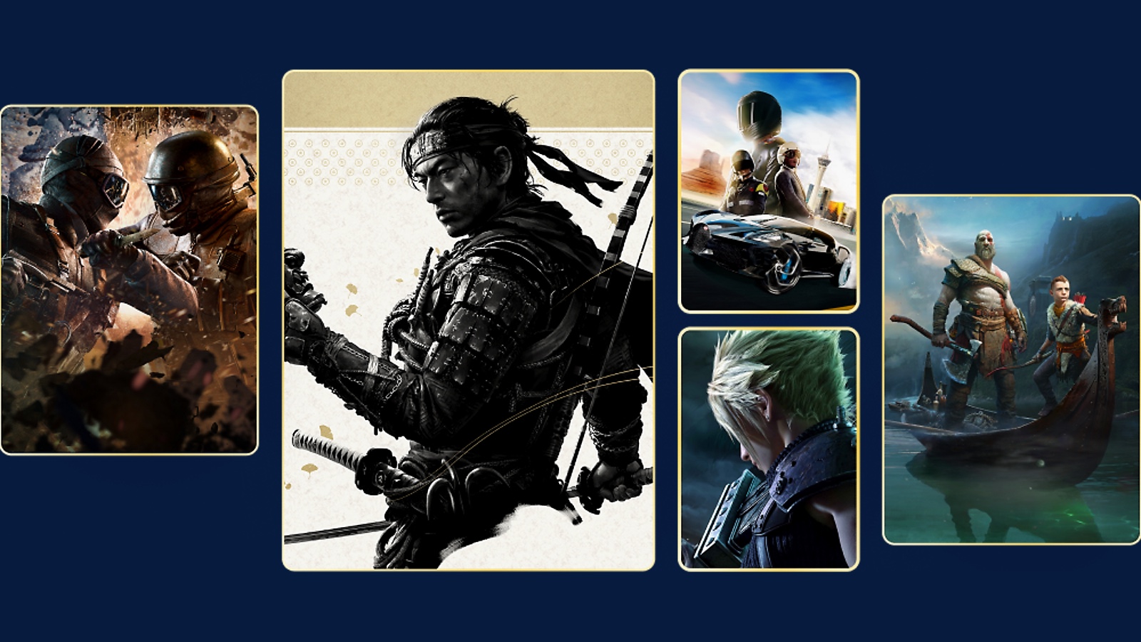 Characters from several games available on PlayStation Plus, with Jin Sakai in the center