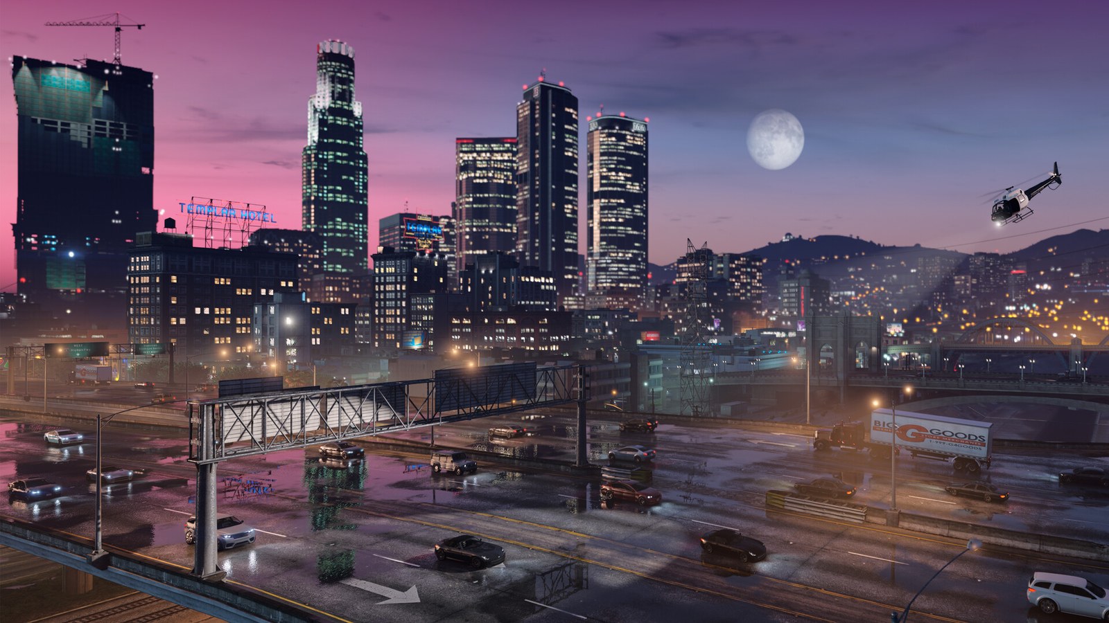 Rascacielos de Los Santos al anochecer con autopistas iluminadas y un helicóptero en Grand Theft Auto V