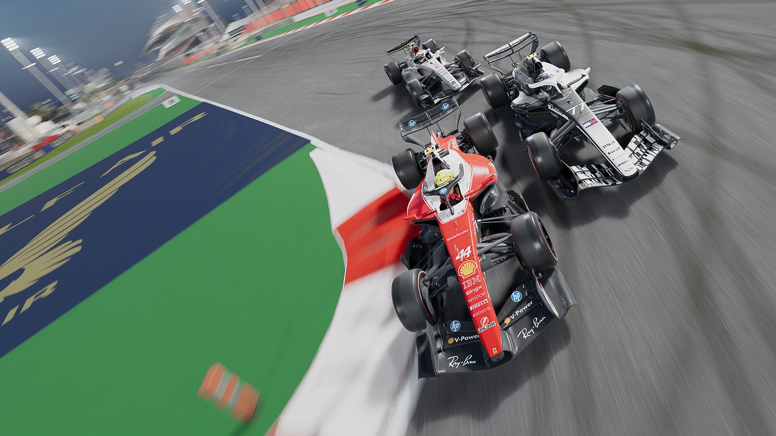 Tres monoplazas toman una curva pegados al piano en F1 25