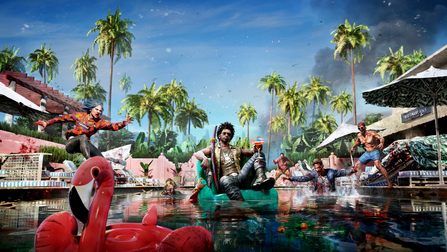 A survivor lounges on an inflatable chair in a Los Angeles pool as zombies attack in Dead Island 2