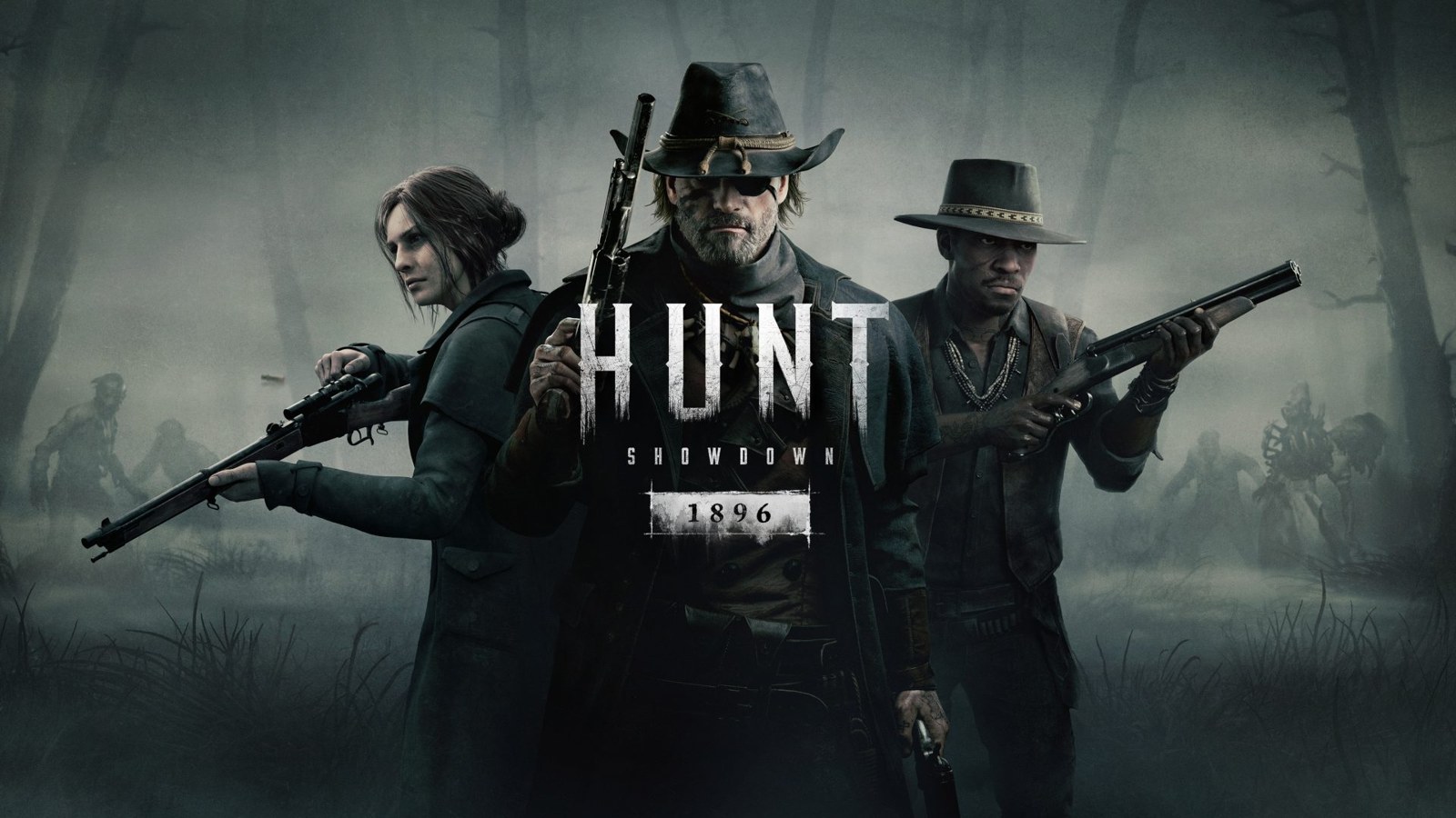Tres cazadores armados en el arte promocional de Hunt: Showdown 1896
