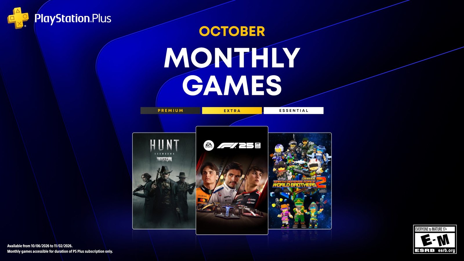 Cartel oficial de los tres juegos mensuales de PS Plus de octubre de 2026