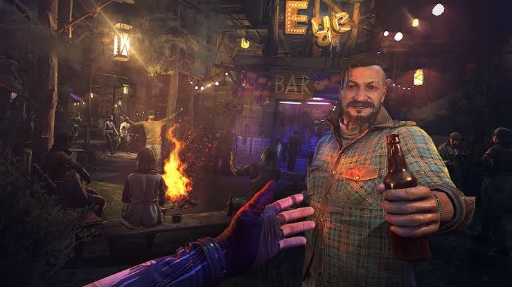 A survivor offers a bottle in the Bazaar hub of Dying Light 2 Stay Human