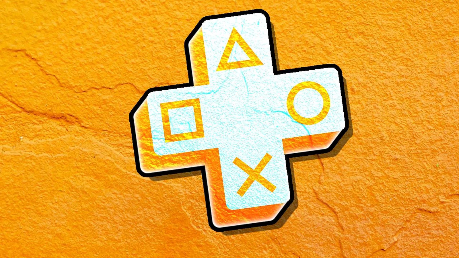 The PlayStation Plus logo cut out against an orange wall