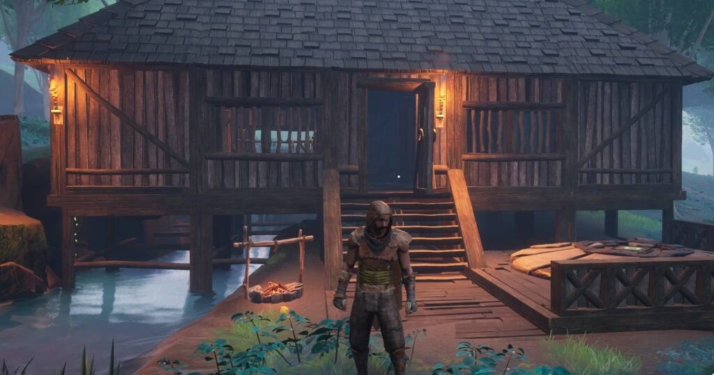 A player stands in front of a wooden cabin built beside water in RuneScape Dragonwilds
