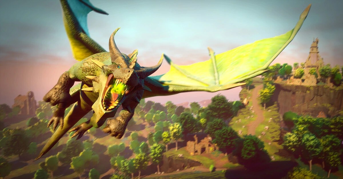 A dragon flies over a ruined forest in RuneScape Dragonwilds