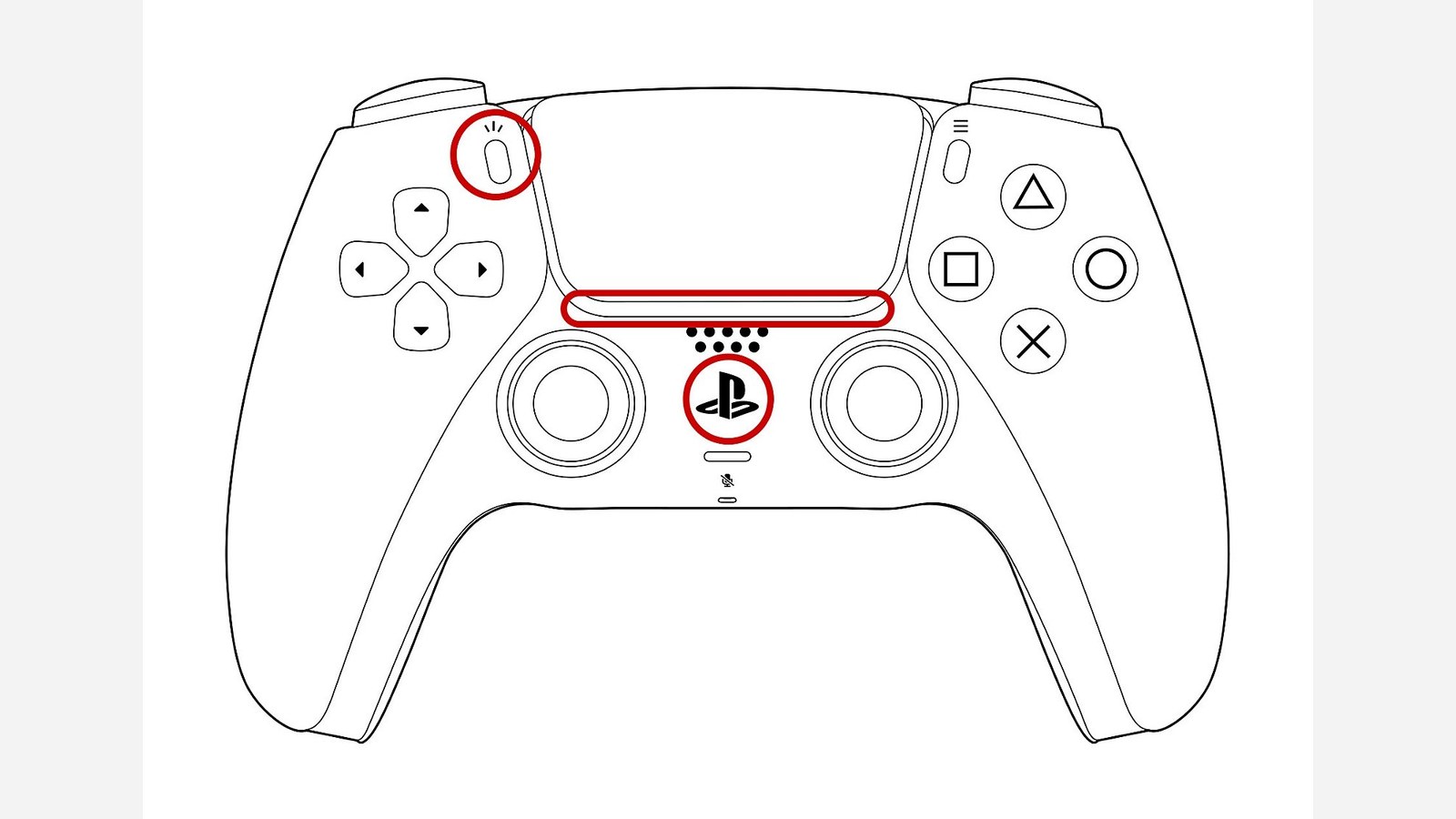 Front diagram of a DualSense controller with the PS button marked
