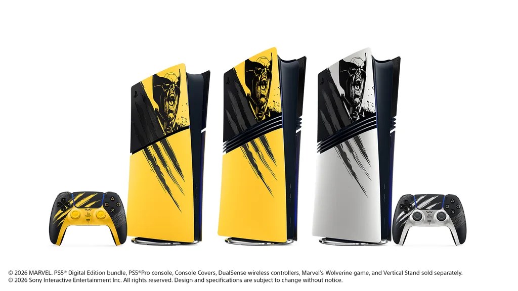The two Marvel's Wolverine DualSense controllers, the yellow Battle Yellow and the silver Adamantium
