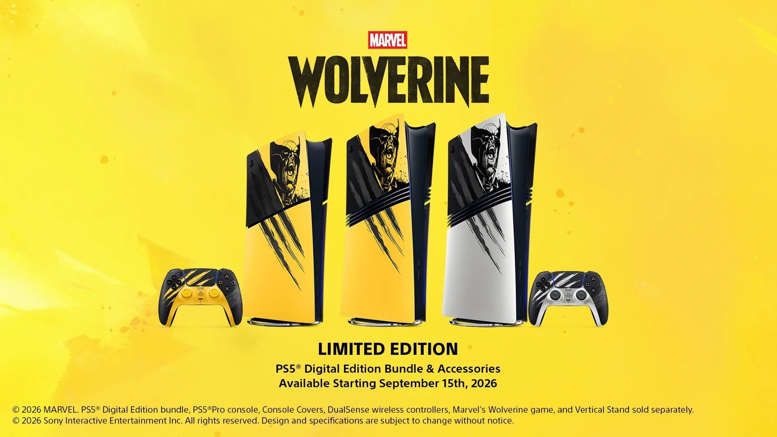The Marvel's Wolverine Limited Edition PS5 in its three covers on a yellow background