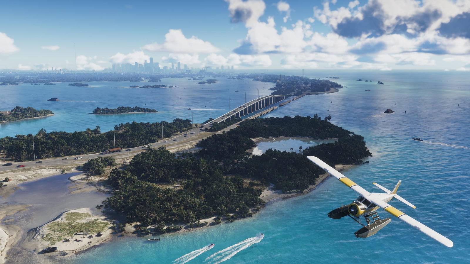 Hidroavión sobre los cayos de Leonida con Vice City al fondo en GTA 6
