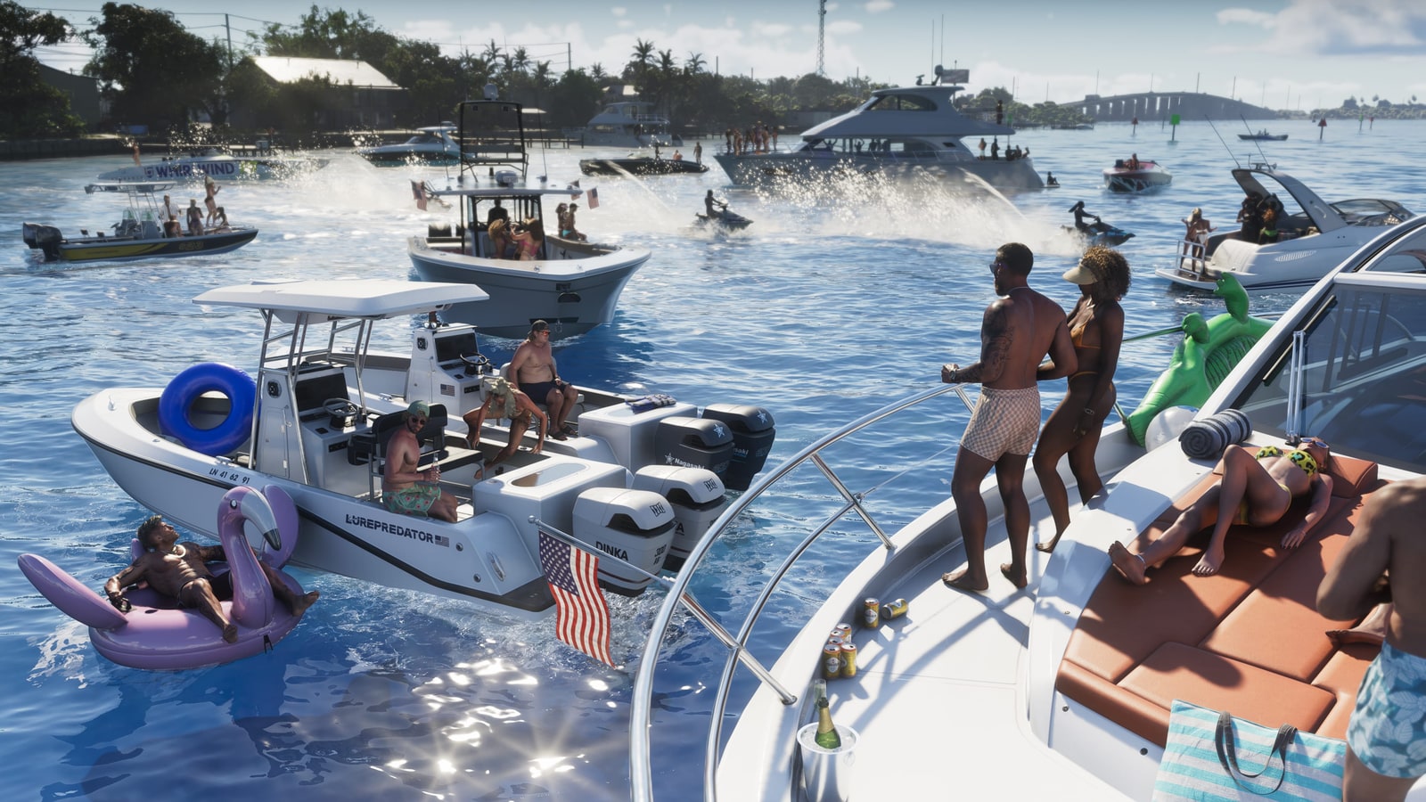 Lanchas, motos de agua y personajes frente a la costa de Leonida en GTA 6